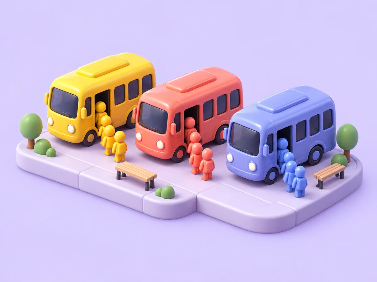 Colourful toy buses and passengers lined up for the next move